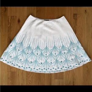 Lafayette 148 White Linen A-Line Midi Skirt Embroidered Jewels Lined Size 16